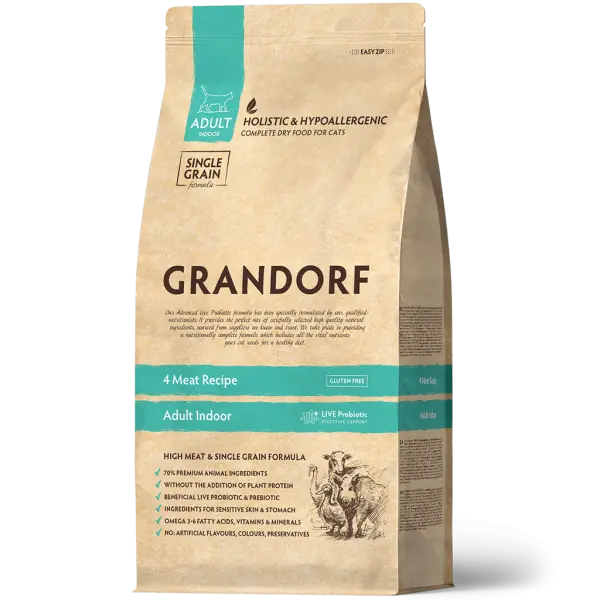 GRANDORF Грандорф с живыми пробиотиками. Сухой корм для взр.кош.от 1 года с норм.активностью. 4 ВИДА МЯСА INDOOR 2кг (32/14)