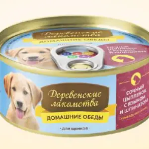 Консервы Домашние обеды для щенков: Сочный цыпленок с языком и шпинатом 100г