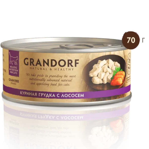 GRANDORF Грандорф влаж.корм д/кош КУРИНАЯ ГРУДКА С ЛОСОСЕМ В СОБСТВЕННОМ СОКУ 70гр*6шт