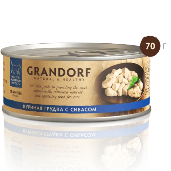 GRANDORF Грандорф влаж.корм д/кош КУРИНАЯ ГРУДКА С СИБАСОМ В СОБСТВЕННОМ СОКУ 70гр*6шт