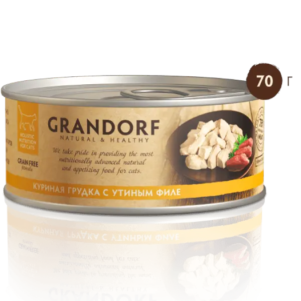 GRANDORF Грандорф влаж.корм д/кош КУРИНАЯ ГРУДКА С УТИНЫМ ФИЛЕ В СОБСТВЕННОМ СОКУ 70гр*6шт