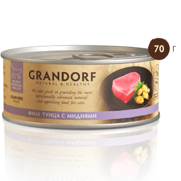 GRANDORF Грандорф влаж.корм д/кош ФИЛЕ ТУНЦА С МИДИЯМИ В СОБСТВЕННОМ СОКУ 70гр*6шт
