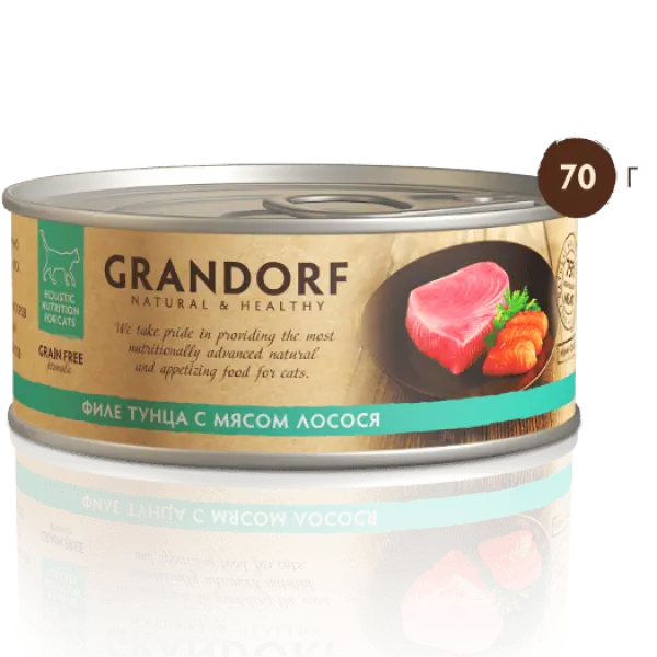 GRANDORF Грандорф влаж.корм д/кош ФИЛЕ ТУНЦА С ЛОСОСЕМ В СОБСТВЕННОМ СОКУ 70гр*6шт