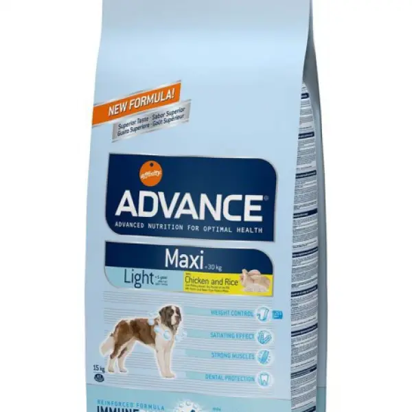 Корм Advance для взрослых собак крупных пород с курицей и рисом, контроль веса, Maxi Light (15кг)