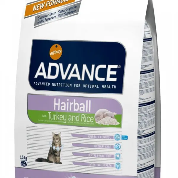 Корм Advance для вывода шерсти у кошек: индейка и рис, Hairball (1,5кг)