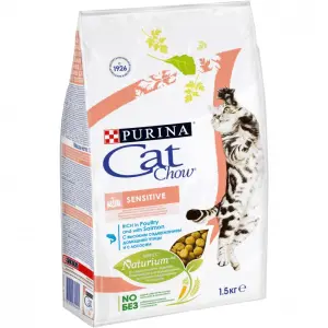 Cat Chow Sensitive для взрослых кошек с чувствительным пищеварением, птица и лосось 01,5кг