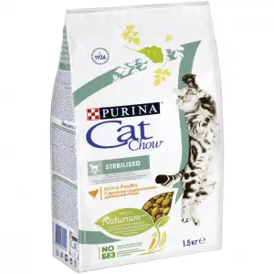Cat Chow для стерилизованных кошек и кастрированных котов, домашняя птица 01,5кг