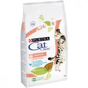 Cat Chow Sensitive для взрослых кошек с чувствительным пищеварением, птица и лосось 15кг
