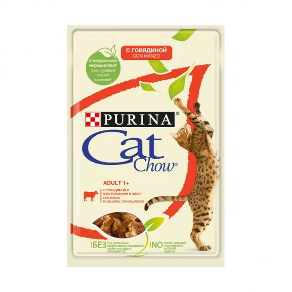 Cat Chow Adult 1+ ,Консервы для кошек старше 1 года, говядина и баклажаны в желе, пауч 85 г