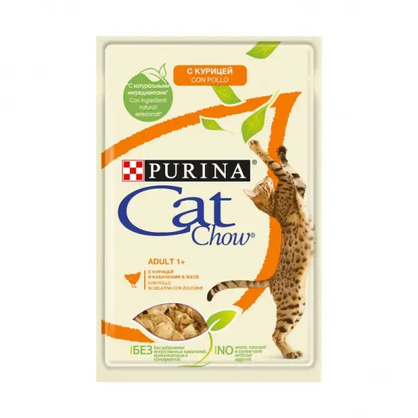 Cat Chow Adult 1+,Консервы для кошек старше 1 года, курица и кабачки в желе, пауч 85 г