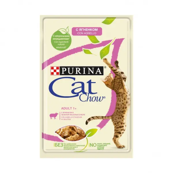Cat Chow Adult 1+,Консервы для кошек старше 1 года, ягненок и зеленая фасоль в желе, пауч 85 г