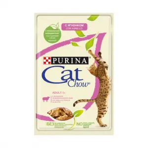 Cat Chow Adult 1+,Консервы для кошек старше 1 года, ягненок и зеленая фасоль в желе, пауч 85 г