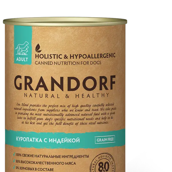 GRANDORFВлажный корм для взрослых собак, Grandorf Turkey & Quail, с индейкой и куропаткой 400 гр