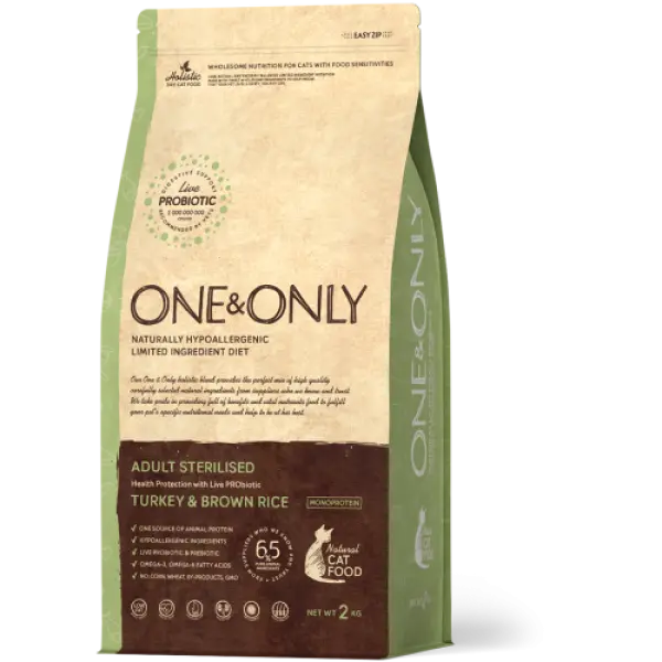 Корм для взрослых стерилизованных или пожилых кошек от 1 года, ONE&ONLY Turkey & Rice Adult STERILISED, с индейкой и рисом для стерилизованных кошек 0,4кг