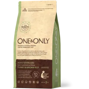 Корм для взрослых стерилизованных или пожилых кошек от 1 года, ONE&ONLY Turkey & Rice Adult STERILISED, с индейкой и рисом для стерилизованных кошек 0,4кг