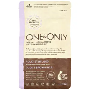 Корм для взрослых стерилизованных или пожилых кошек от 1 года, ONE&ONLY Duck & Rice Adult STERILIZED, с уткой и рисом для стерилизованных кошек 0,4кг