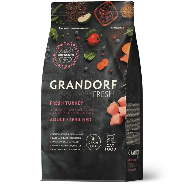 GRANDORF FRESH СВЕЖЕЕ МЯСО ИНДЕЙКИ С БАТАТОМ ДЛЯ СТЕРИЛИЗОВАННЫХ ИЛИ ПОЖИЛЫХ КОШЕК 2кг