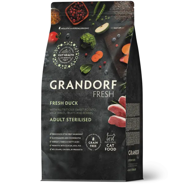GRANDORF FRESH СВЕЖЕЕ МЯСО УТКИ С БАТАТОМ ДЛЯ СТЕРИЛИЗОВАННЫХ ИЛИ ПОЖИЛЫХ КОШЕК 2кг
