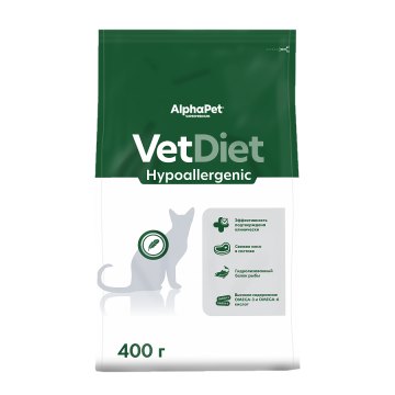 AlphaPet VetDiet HYPOALERGENIC для взрослых кошек и котов при пищевой аллергии и непереносимости ингредиентов 400 г