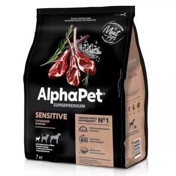 AlphaPet Superpremium для взрослых собак мелких пород с чувствительным пищеварением с ягненком и рисом 7 кг