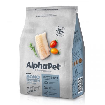 AlphaPet Superpremium MONOPROTEIN для взрослых собак мелких пород из белой рыбы 500 г