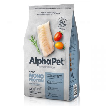 AlphaPet Superpremium MONOPROTEIN для взрослых собак мелких пород из белой рыбы 3 кг