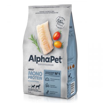 AlphaPet Superpremium MONOPROTEIN для взрослых собак средних и крупных пород из белой рыбы 2 кг