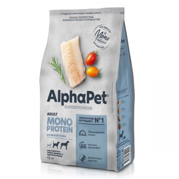 AlphaPet Superpremium MONOPROTEIN для взрослых собак средних и крупных пород из белой рыбы 12 кг