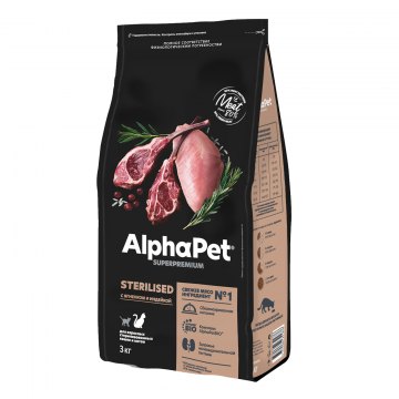 AlphaPet Superpremium для взрослых стерилизованных кошек и котов с ягненком и индейкой 3 кг