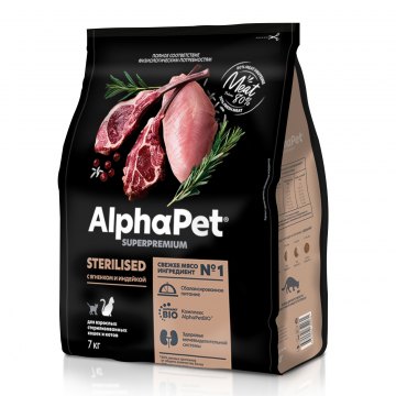 AlphaPet Superpremium для взрослых стерилизованных кошек и котов с ягненком и индейкой 7 кг