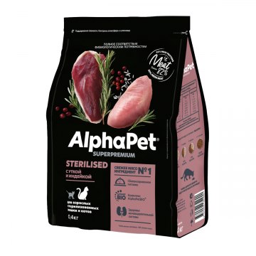 AlphaPet Superpremium для взрослых стерилизованных кошек и котов с уткой и индейкой 400 г