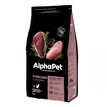 AlphaPet Superpremium для взрослых стерилизованных кошек и котов с уткой и индейкой 3 кг
