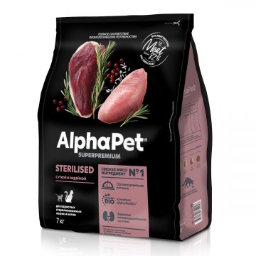AlphaPet Superpremium для взрослых стерилизованных кошек и котов с уткой и индейкой 7 кг