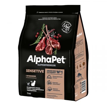 AlphaPet Superpremium для взрослых кошек и котов с чувствительным пищеварением с ягненком 400 г