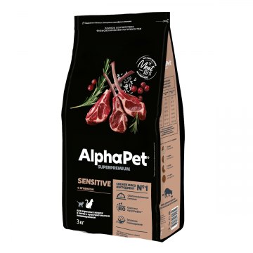 AlphaPet Superpremium для взрослых кошек и котов с чувствительным пищеварением с ягненком 3 кг