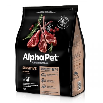 AlphaPet Superpremium для взрослых кошек и котов с чувствительным пищеварением с ягненком 7 кг