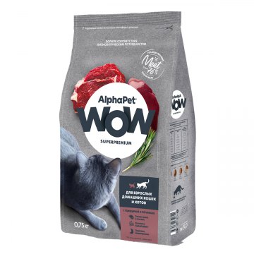 AlphaPet WOW Superpremium для взрослых домашних кошек и котов c говядиной и печенью 750 г