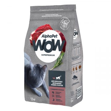AlphaPet WOW Superpremium для взрослых домашних кошек и котов c говядиной и печенью 1,5 кг