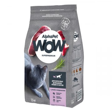 AlphaPet WOW Superpremium для взрослых домашних кошек и котов с уткой и потрошками 1,5 кг