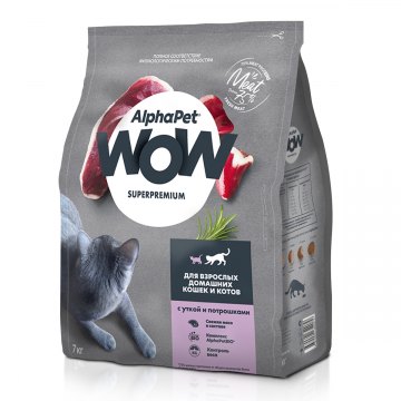 AlphaPet WOW Superpremium для взрослых домашних кошек и котов с уткой и потрошками 7 кг