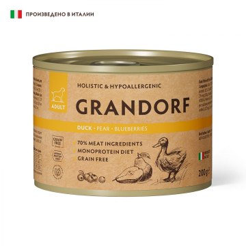 GRANDORF Dog DucPeaBlu для собак, паштет из утки с грушей и черникой 200 г