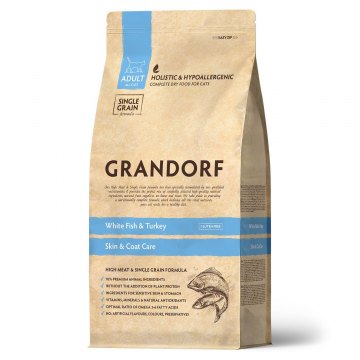 Grandorf CAT White Fish&Turkey SKIN&CARE для взрослых кошек, белая рыба с индейкой - забота о коже и шерсти 2 кг
