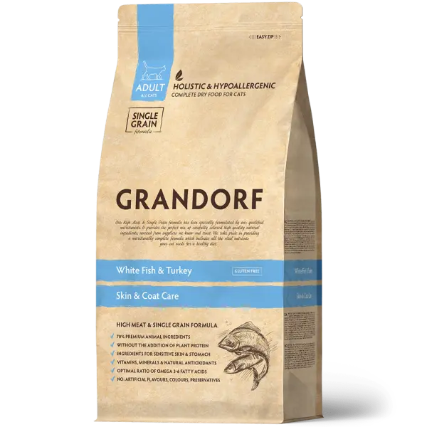 GRANDORF Грандорф. Сухой корм для кошек. Белая рыба с индейкой SENSITIVE 0,4кг (33/16) НИЗКОЗЕРНОВОЙ КОРМ