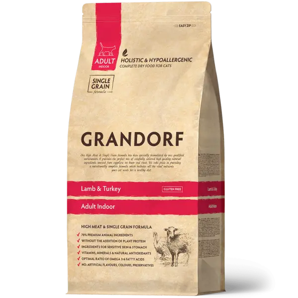GRANDORF Грандорф. Сухой корм для кошек. Ягнёнок с индейкой INDOOR 2кг (32/14) НИЗКОЗЕРНОВОЙ КОРМ