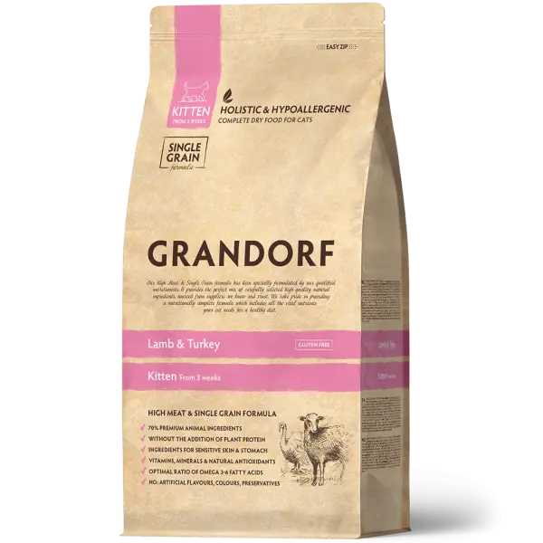 GRANDORF Грандорф. Сухой корм для котят. Ягнёнок с индейкой KITTEN 2кг (34/22) НИЗКОЗЕРНОВОЙ КОРМ